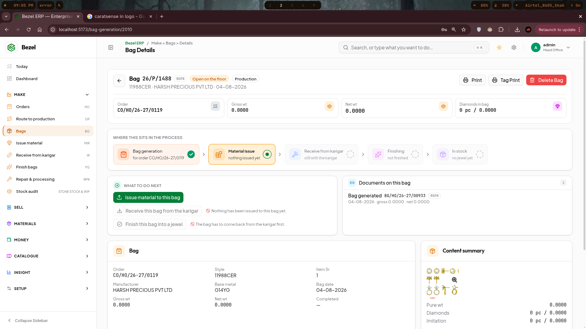 Bezel ERP Bag Details screen showing full manufacturing lifecycle workflow (Bag generation -> Material issue -> Receive from karigar -> Finishing -> In stock), pure gold/diamond gross weight registers, and tag printing controls.