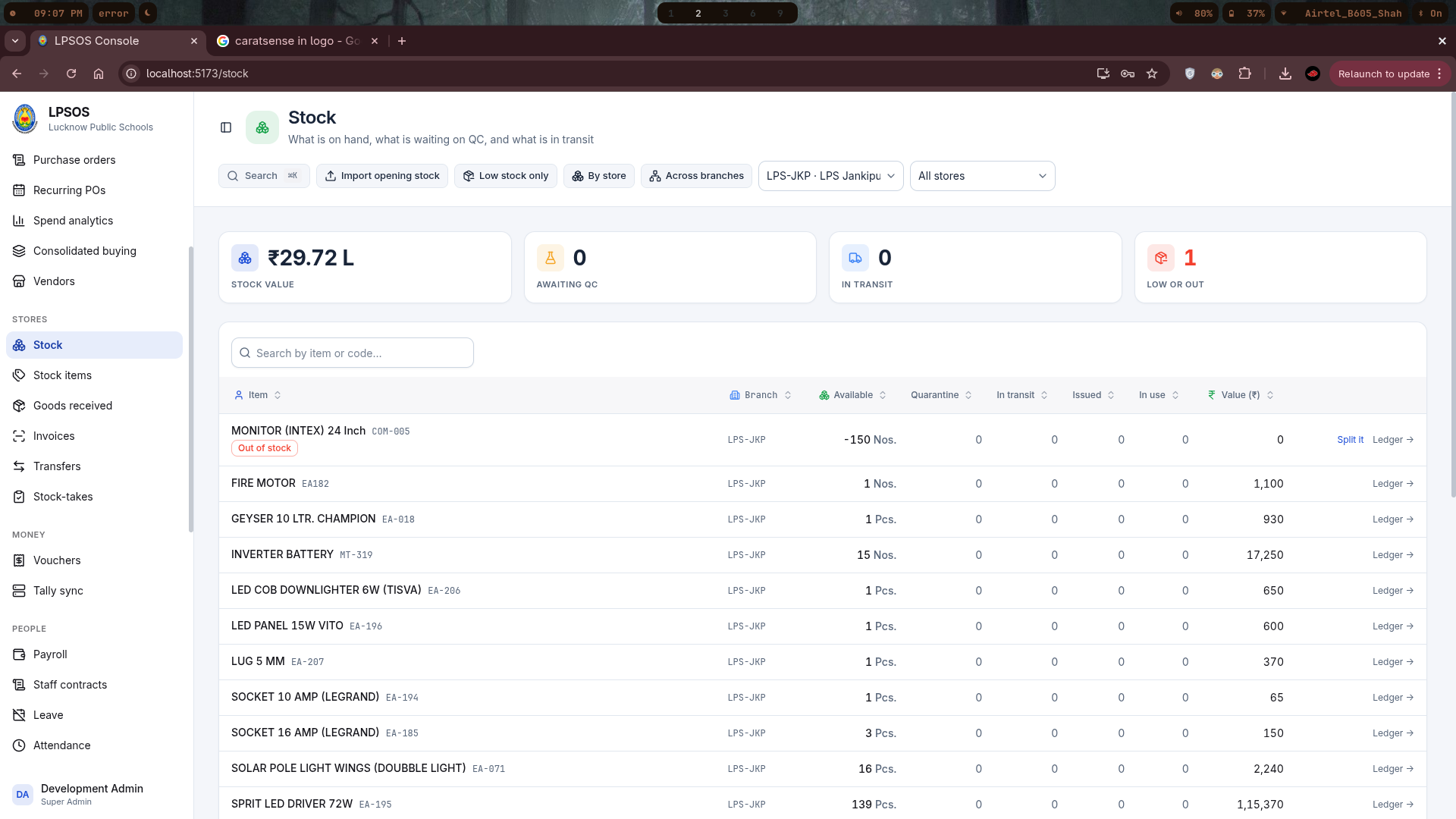 LPSOS central inventory control console tracking ₹29.72L stock across 10 school branches, stock-takes, purchase orders, Tally sync, payroll, and staff contracts.