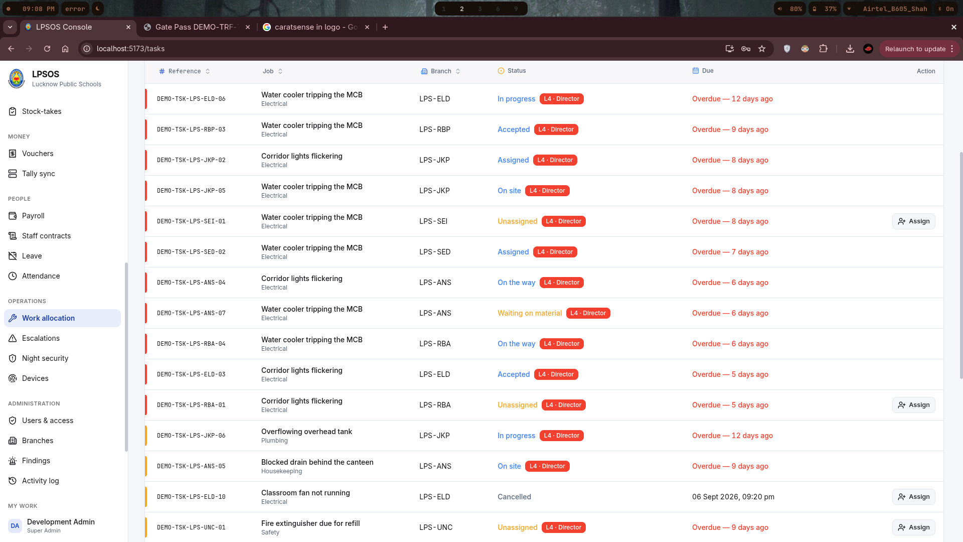 LPSOS UrbanClap-style field operations and work allocation console showing electrical/plumbing task dispatching, ticket escalation matrices (L4 Director), technician status tracking, and multi-branch service monitoring.
