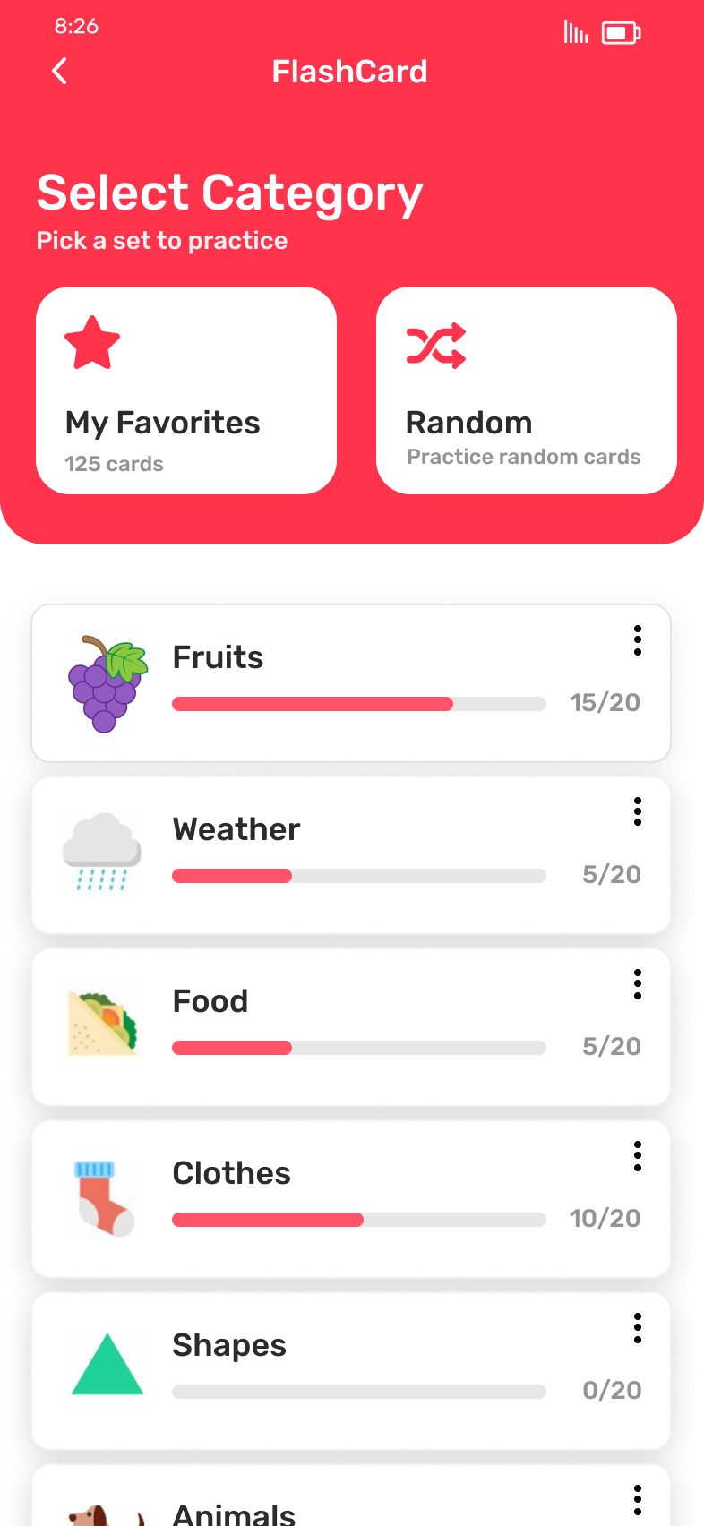 FlashCard — Category Select, Card Deck & Flip